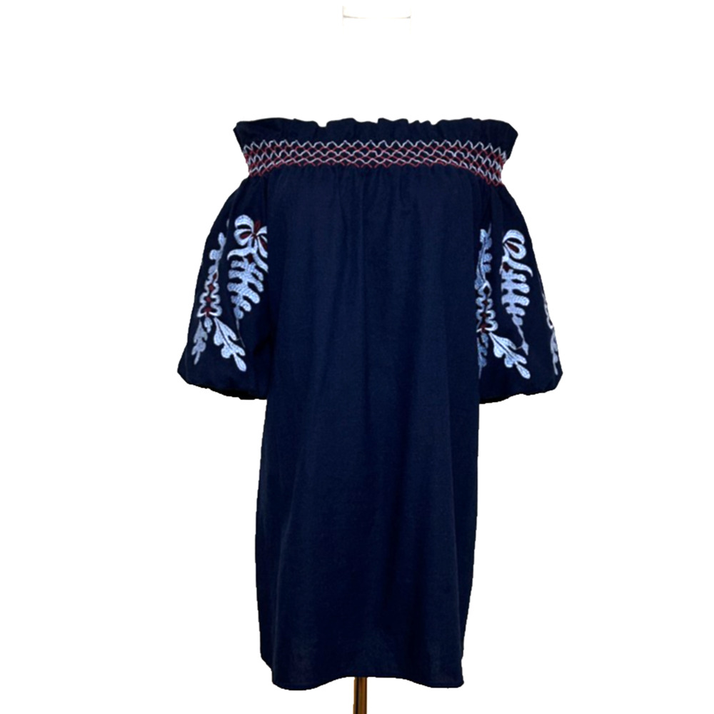 Rebellion Embroidered Off Shoulder Cotton Navy Blue Puff Sleeve Mini Dress Small